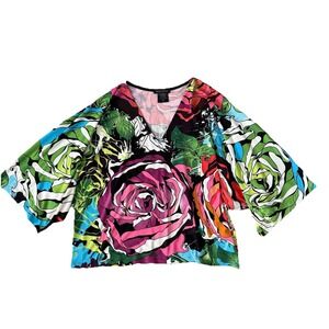 Eva Varro Colorful Print Blouse Womens Medium Rose Maximalist Artsy Bright Knit